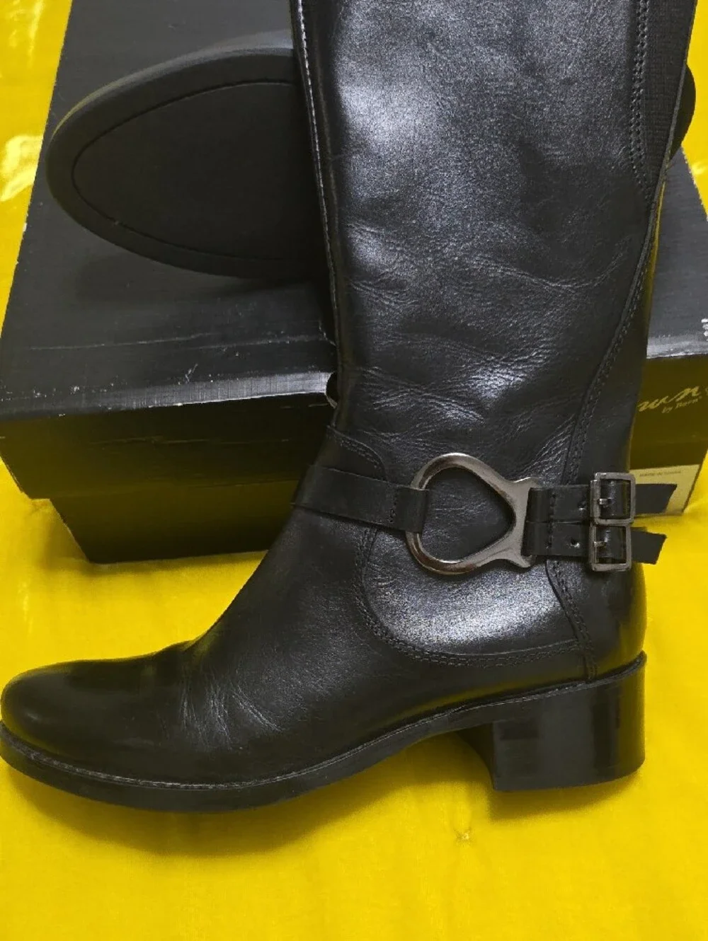 Born Black Leather At The Knee Boots with Buckle Accent